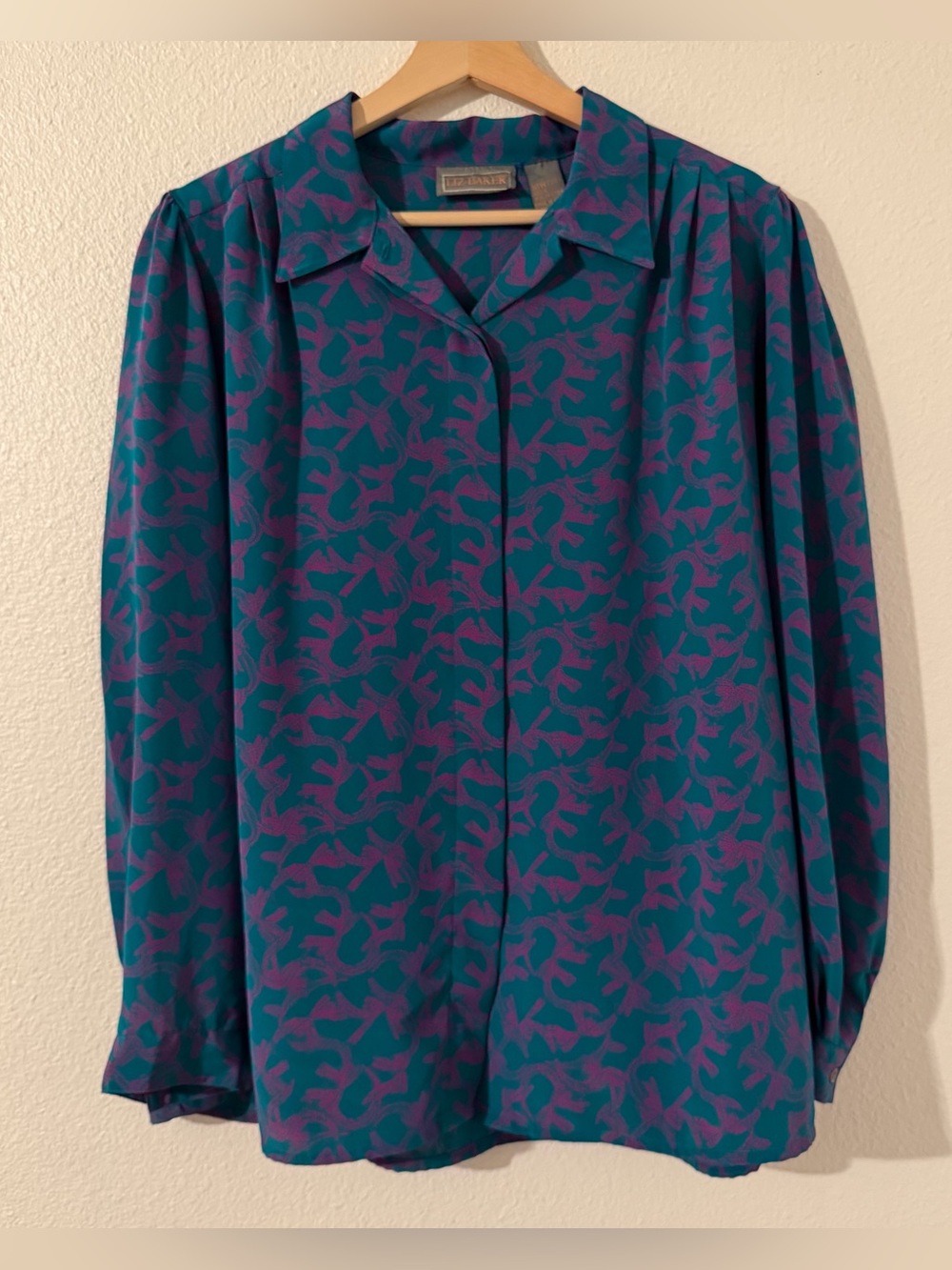 Liz Baker Teal Shirt with Purple Abstract Print Button-Down Size 18W (38)